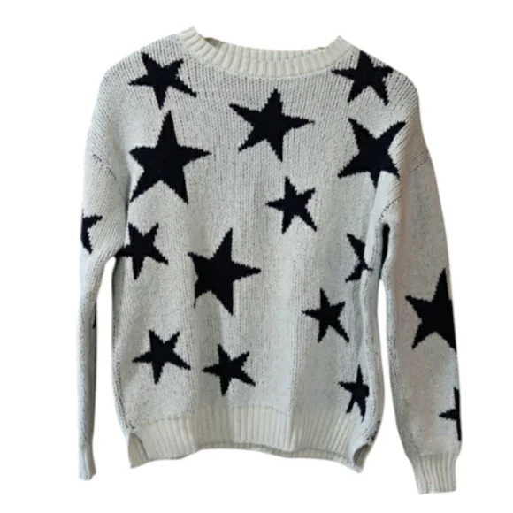 Marled Black White Crew Neck Star Sweater Medium Knit Pullover Casual Stylish - Picture 2 of 13